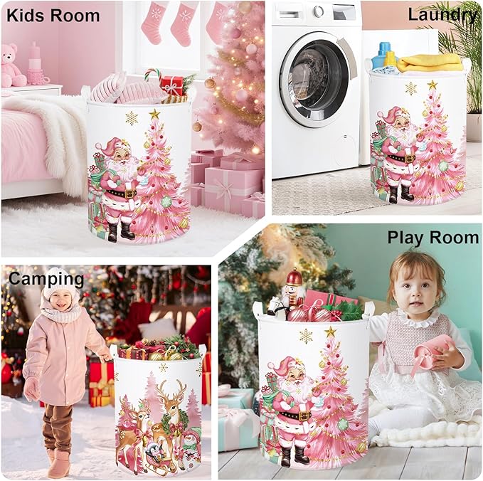 Pink Santa Claus Baby Laundry Hamper Christmas Clothes Kids Storage Basket Large Poinsettia Reindeer Sleigh Snowflake Girls Gift Toy Box Bin, Tree, 63L