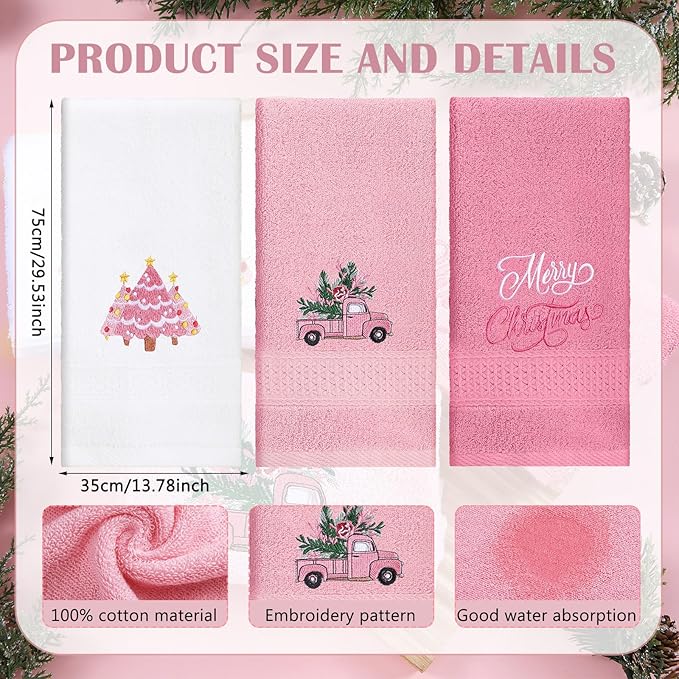 3 Pcs Pink Christmas Hand Towels for Bathroom Merry Christmas Xmas Tree Embroidered Cotton Bathroom Towels Decorative for Kitchen Dish Fast Drying Decor, 13.78 x 29.53 Inch