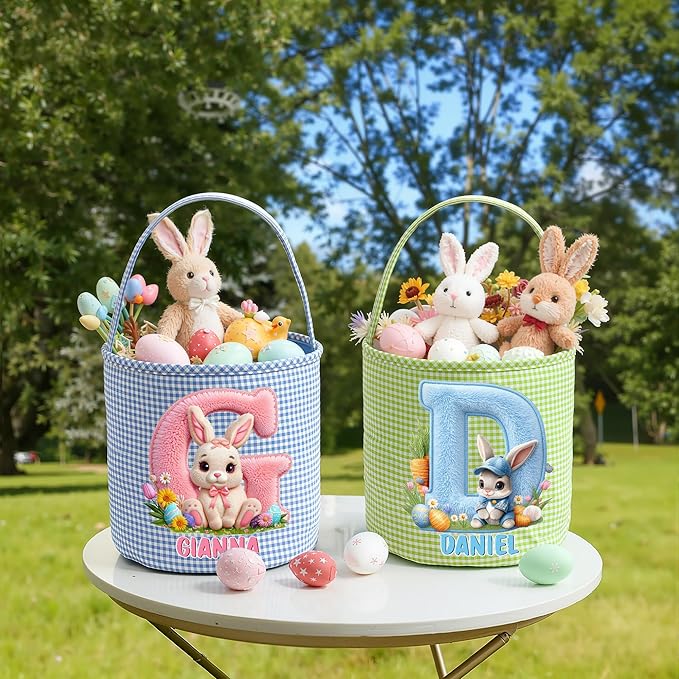 CALLIE Personalized Easter Basket for Kids | 8.8" Custom Easter Basket with Name Rabbits Plaid Design | First Easter Spring Basket Gift