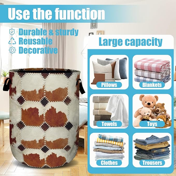 Vintage Brown Cowskin Laundry Basket, Laundry Hamper Collapsible Oxford Cloth with Handle Clothes Toy Storage Bin for Bathroom Laundry Room Bedroom 15.7 X 20 Inch