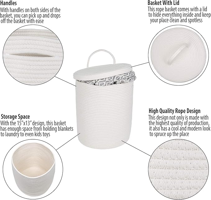 Cotton Rope Storage Basket with Lid | Large Woven Baskets and Handles 15" x 13" | for Nursery, Laundry, White Round Hamper, Home Living Room Floor, Toy Organizing bins, Blanket, Pillow and Big