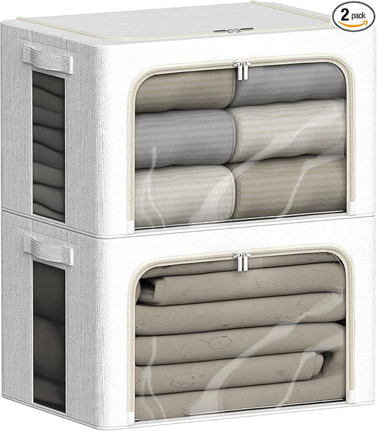 FHSQX 2 Pack Clear Window Storage Bins Large Stackable Linen Fabric Storage for Clothes Foldable Container Organizer Set with Carrying Handles (Lvory White, 15.7x 11.8x 7.8Inch)