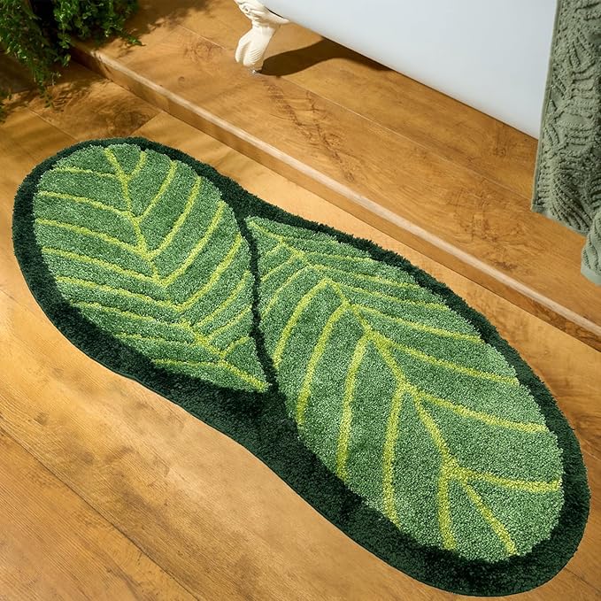 Green Bathroom Runner Rug - Leaf Long Bath Mat Plant Bathroom Rugs Non Slip Washable Spring Rug for Bath Room, Bedroom, Waterbasin, Bathtub Decor, Cute Bathmat Floor Carpet 20" x 47"