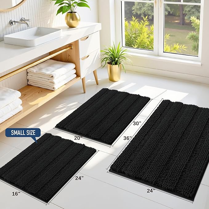 Grandaily Chenille Striped Bathroom Rugs 24x16, Extra Thick and Soft Absorbent Bath Mats, Rubber Backing, Plush Shaggy Shower Carpet, Machine Wash Dry, Bath Rug for Bathroom, Deep Black