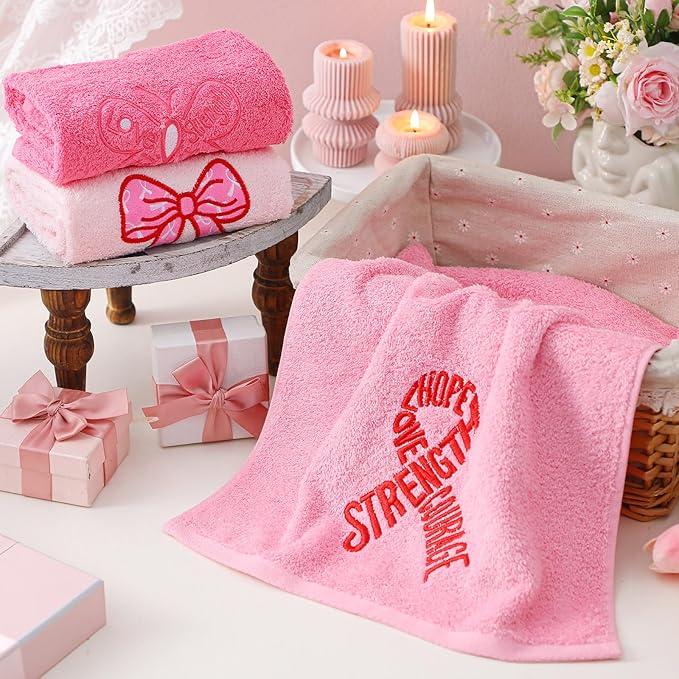 3 Pack Breast Cancer Awareness Gifts Hand Towels 13.4 x 29.2 Inch Cotton Embroidered Faith Hope Love Strength Bathroom Towel Absorbent Dish Tea Towels for Kitchen Decor