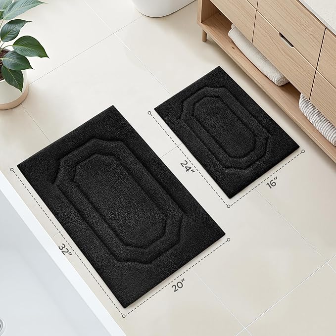 HOMEIDEAS Bathroom Rugs Sets 2 Piece, Extra Soft and Absorbent Microfiber Plush Bath Mat with Non Slip Backing(Black)