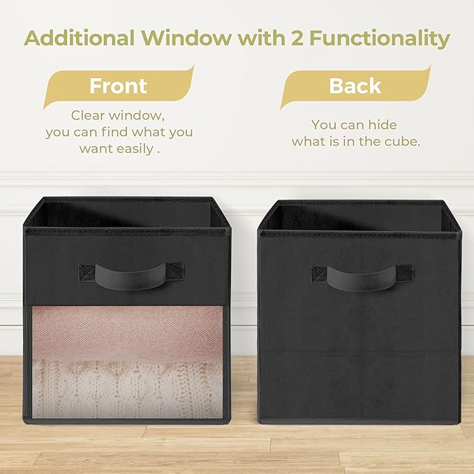 Storage Bins with Clear Window, 11x11 Storage Cubes, Collapsible Cube Storage Box, Fabric Closet Organizers with Handles for Home, Office, Shelf, Closets, Living Room, Black, 6 Pack