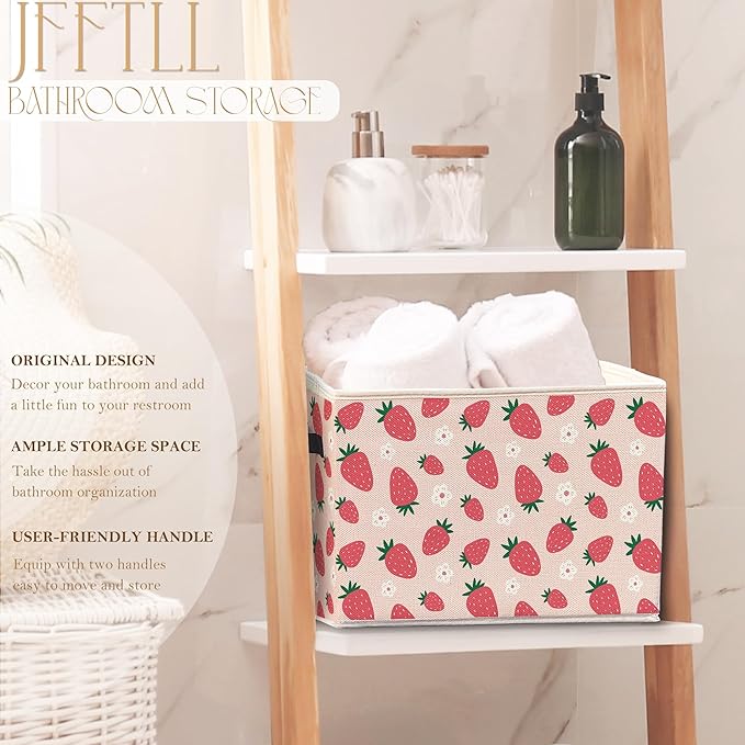 Pink Strawberry Storage Bins with Handles, Girly Room Decor Aesthetic, Preppy Cute Floral Strawberry Fruit Collapsible Laundry Basket Storage Box for Home Bedroom Bathroom Clothes Toys Books