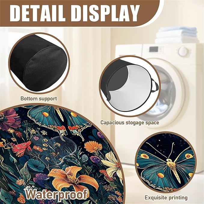 Butterfly Garden Laundry Basket for Women, Large Canvas Collapsible Organizer Storage Basket for Nursery,Office,Toy Organizer,Home,Decor - 19.7" X 15.7 "