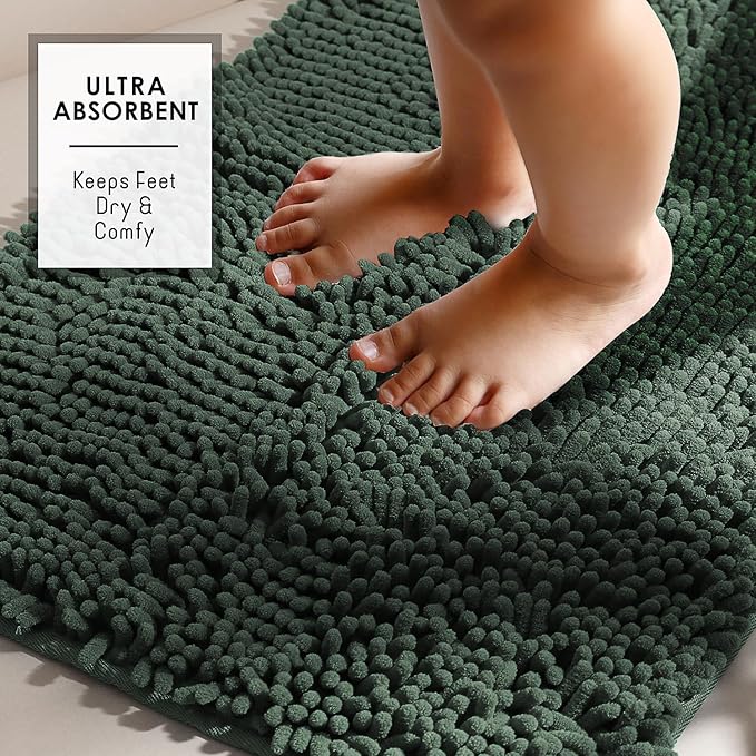 Hearth & Harbor Bathroom Rugs, Chenille Bath Mat - Machine Washable Bath Mats for Bathroom Non-Slip Backing Rubber, Quick Dry Mat - Hunter Green Bath Rug, 17x24-20x32-20x24