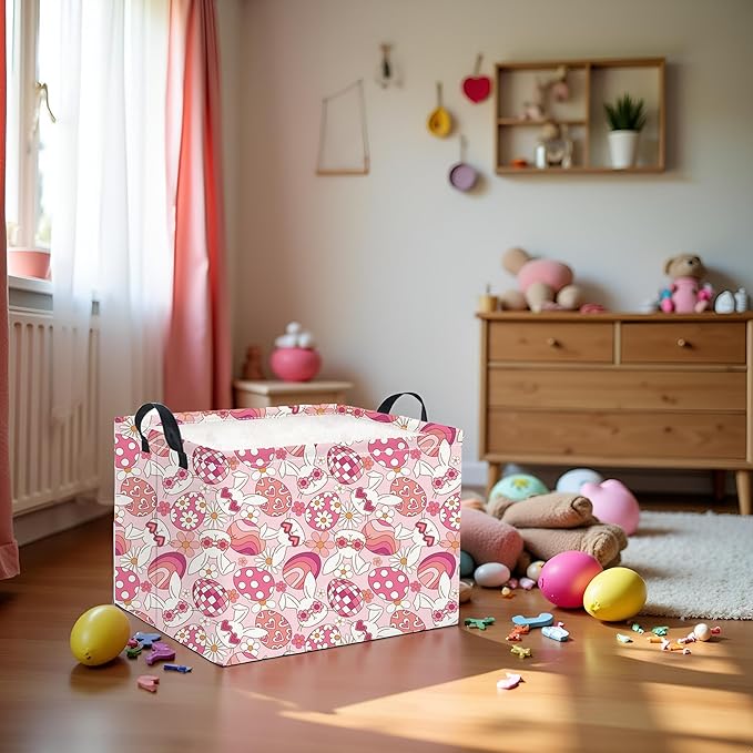HIYAGON Rectangular Easter Basket Pink Bunny Easter Basket for Kids Gift Basket Empty Baby Girl Storage Baskets Toy Basket Cute Storage Bin Organizer Box Bunny Room Decor for Books(Pink Bunny)