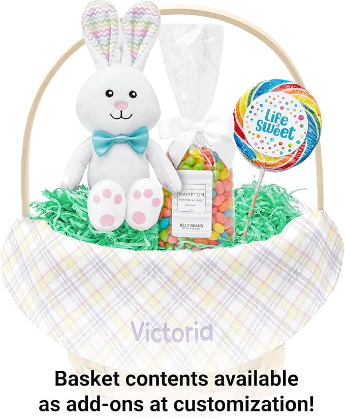 Let's Make Memories Personalized Easter Basket for Kids- For Boys - For Girls - Create Your Own - Fillable - Wicker - Easter Basket Stuffers - Small - Purple Fun Plaid