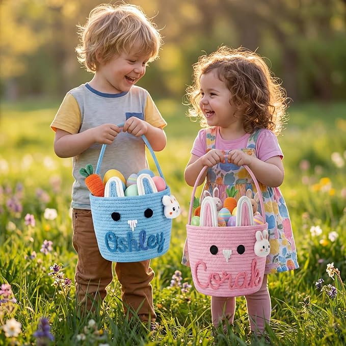 Personalized Easter Basket for Kids with Name - Custom Cute Embroidery Easter Bunny Rope Basket for Boys Girls, Easter Egg Hunt Basket (Cute Bunny with Eyes)