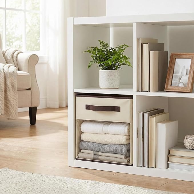 DECOMOMO Storage Bins, Cube Storage Bin with Window, Fabric Storage Cubes for Shelves (11" / 6pcs, Beige)