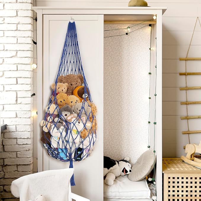 Novel Stuffed Animal Hammock Corner Hanging Net for Stuff Aniaml Storage Macrame Toy Display Plush Toy Holder-Perfect for The Tiny Space Walls (blue, XXL)