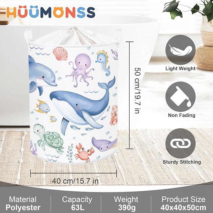 Sea Animals Laundry Hamper Ocean Fish Coral Large Storage Basket Parents Organizer Kids Clothes Toy Bins for Bedroom, Bathroom, Blue Whales, 63L