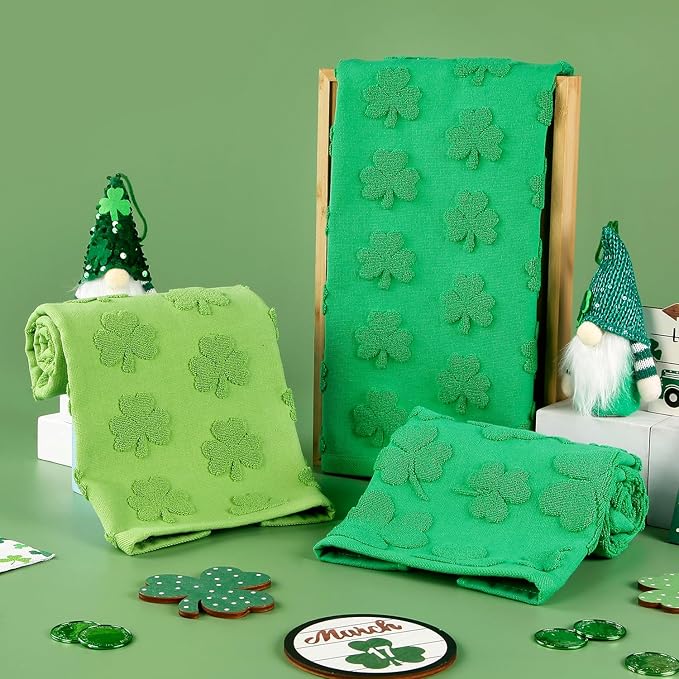 2 Pack St. Patrick's Day Hand Towels Spring Green Clover Shamrocks 100% Cotton Soft Absorbent Decorative Bathroom Towels Set for Bath Kitchen Bar Gift, 13.7'' x 29.5''