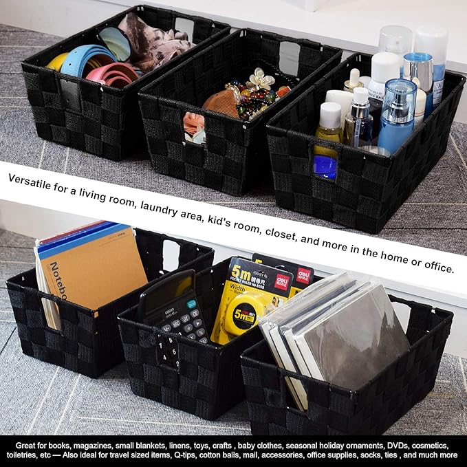 homyfort Woven Black Storage Baskets Shelf Tote Boxes Container, Durable Storage Organizer Bins with Built-in Handles for Bedroom, Office, Closet, Kids Room, Nursery, 3-Pack,11.4”x 6.5”x 4.5”