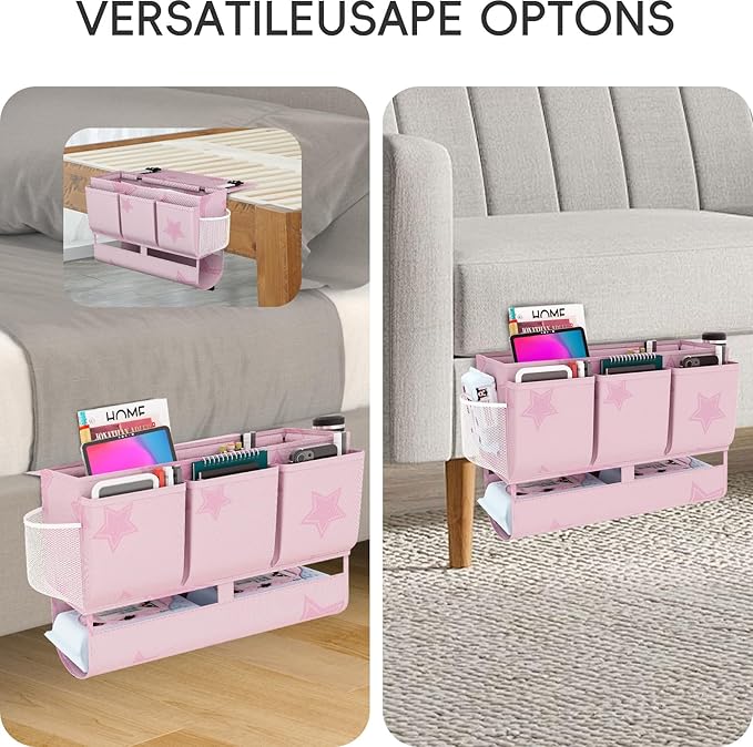 Bedside Caddy Bedside Organizer, Bed Storage Caddy with 7 Pockets, College Dorm Rooms Bag for Bunk, Home, Dorm, Hospital, Crib Bed(Pink)