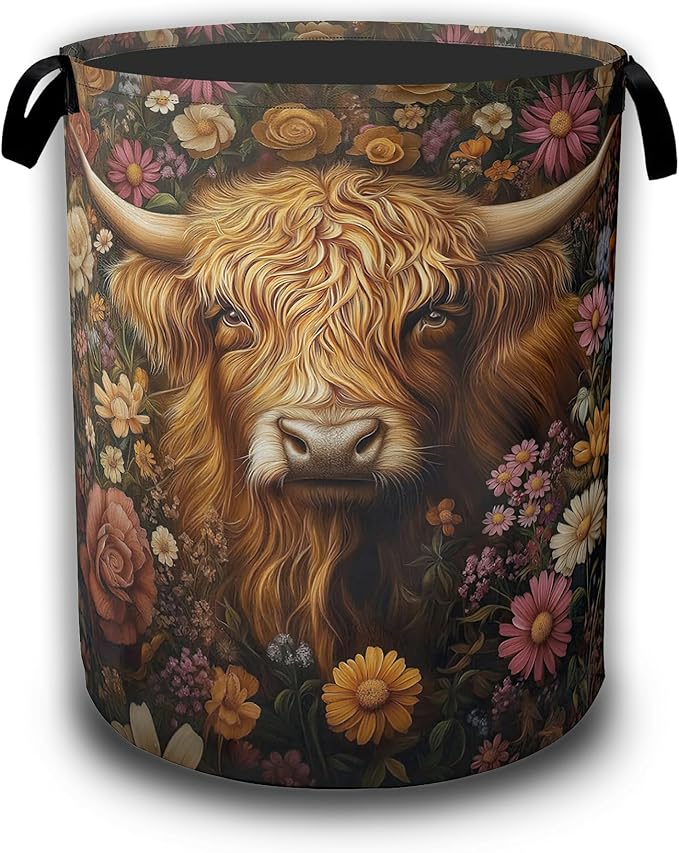 Vintage Flowers Laundry Basket,Highland Cow Laundry Hamper Waterproof Oxford Cloth Tote Collapsible,Clothes Storage Bucket Decorative Toy Organizer For Bathroom Bedroom 16" x 20.8"