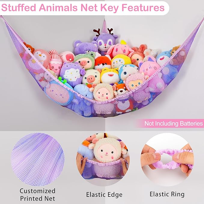 Basumee Stuffed Animals Net or Hammock with LED Light Hanging Toy Net Hammock for Stuffed Animals Storage Stuff Animals Hammocks for Nursery Room with Remote Control, 8 Kinds of Lights(Pack of 1)