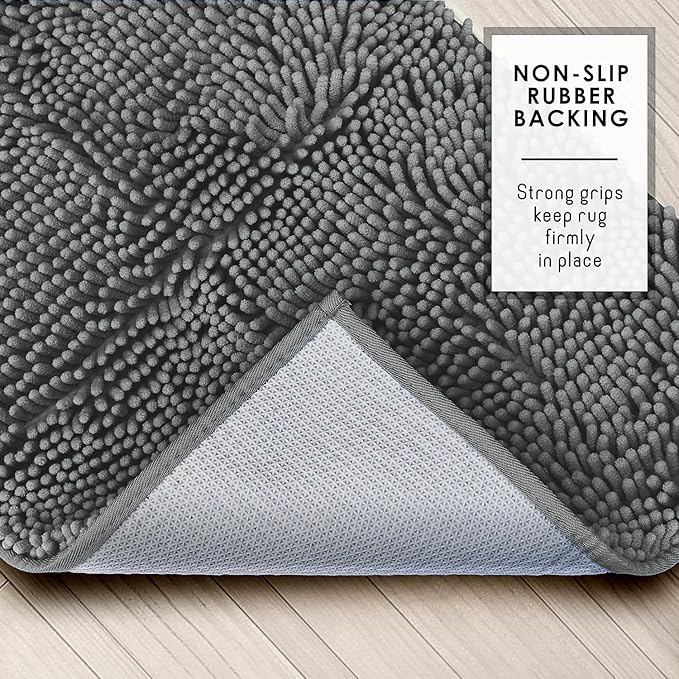 Hearth & Harbor Bathroom Rugs, Chenille Bath Mat - Machine Washable Bath Mats for Bathroom Non-Slip Backing Rubber, Quick Dry Bathroom Mat - Grey 24x36