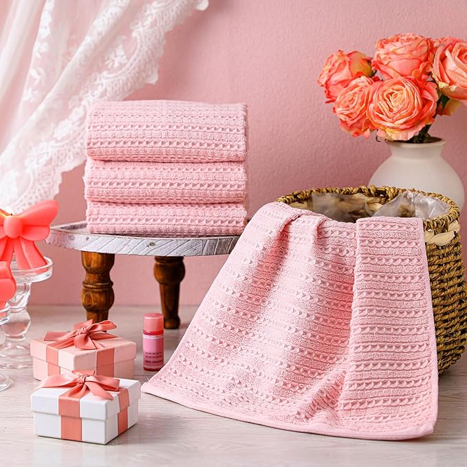 4 Pack Pink Hand Towels Waffle Striped Pattern 100% Cotton Soft Hand Towels for Bathroom 13 x 29 Inch Absorbent Waffle Washcloths for Bathroom Kitchen