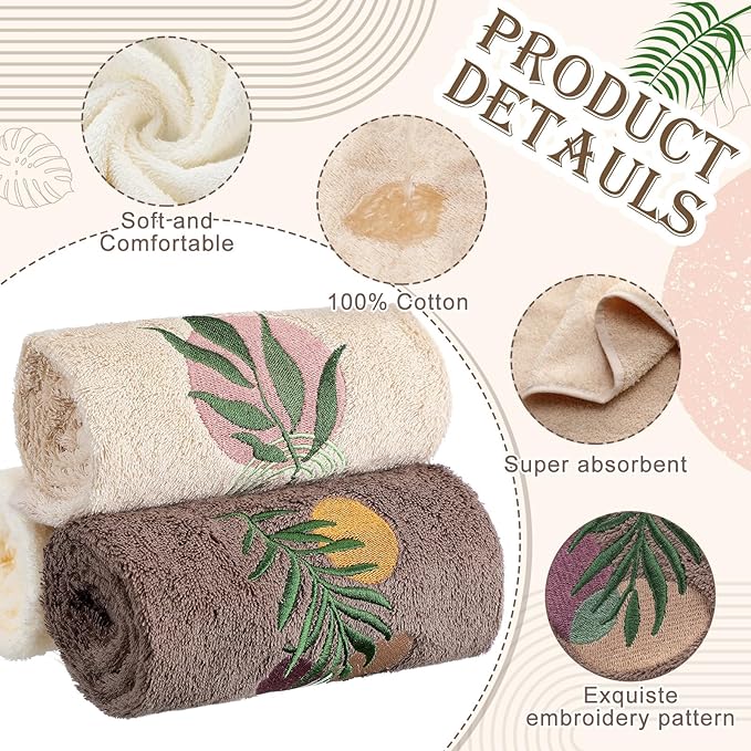 3 Pack Boho Leaves Hand Towels for Bathroom 100% Cotton Embroidered Bathroom Towels 13.78 x 29.53 Inch Beach Hand Towels Absorbent Soft Cotton Towel(Beige,Bohemian Style)