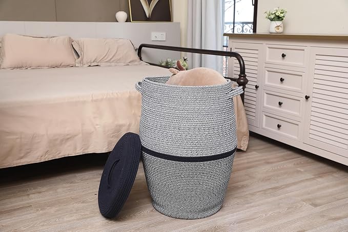 26" x 20" Handcrafted Tall Cotton Rope Basket with Lid, Stylish Flagon Shape with Cover, Clothes Hamper with Top, for Bedroom and Living Room, Two Sides Dark Blue Mix