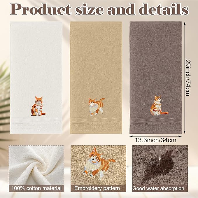 3 Pcs Orange Cat Hand Towels Bathroom Sets Decor Cute Orange Cat Lover Gifts Funny Decorative Farmhouse 100% Cotton Embroidered Towels for Women Bathroom Kitchen 13. 3 x 29. 5''