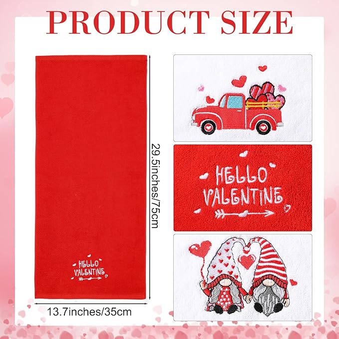 3 Pack Valentine's Day Bath Hand Towels Embroidered 100% Cotton 13.7 x 29.5 in Red Heart Love Bathroom Kitchen Decorations