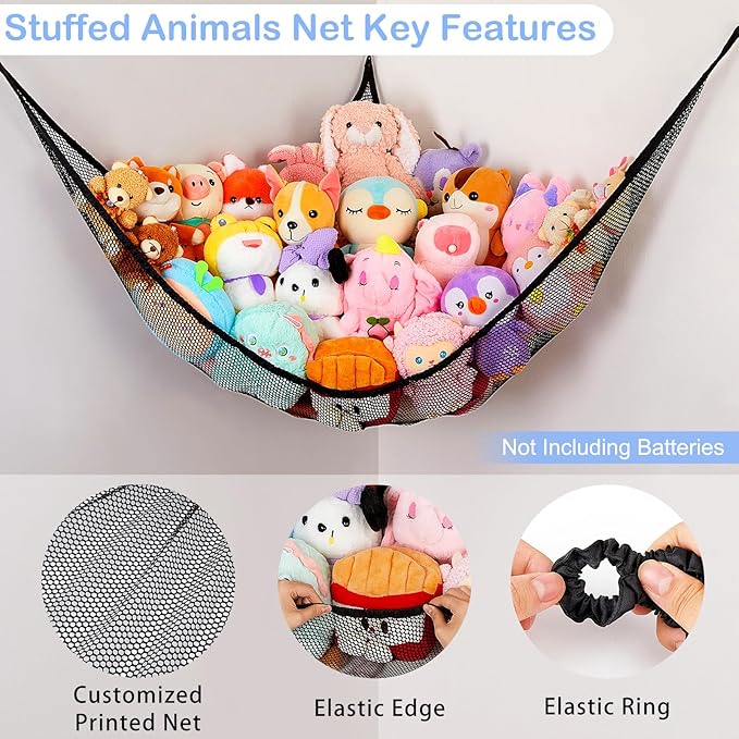 Basumee Stuffed Animals Net or Hammock with LED Light Hanging Toy Net Hammock for Stuffed Animals Storage Stuff Animals Hammocks for Nursery Room with Remote Control, 8 Kinds of Lights(Pack of 1)
