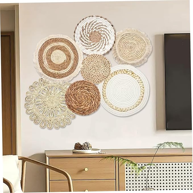 Boho Wall Baskets 7Pcs/Set Different Size & Style Boho Wall Basket Decor Straw Woven & Round Decorative Art for Living Room Bedroom Farmhouse Nursery Baskets, Basket Deco