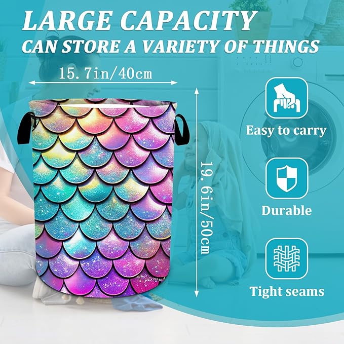 Mermaid Scale Laundry Basket, Glitter Rainbow Laundry HamperFoldable Waterproof Funny Tote Bag Dirty Clothes Storage Bucket Toy Organizer for Bathroom/Laundry/Bedroom 15.7"x19.6"