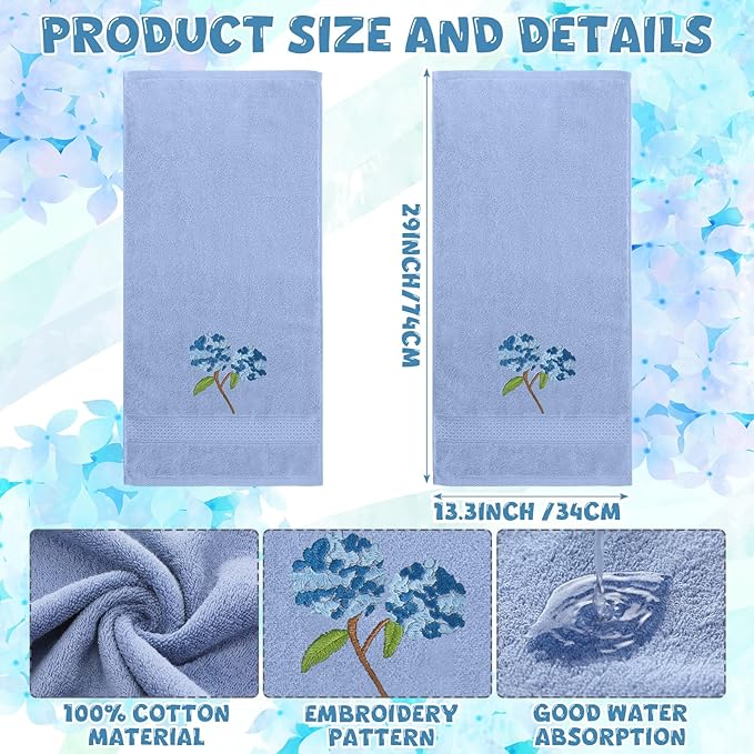 2 Pcs Hydrangea Hand Towels Blue Hydrangea Floral Bathroom Decor 14x29 Inch Embroidered 100% Cotton Soft Absorbent Spring Summer Decorative Flowers Hand Towels for Bathroom Kitchen