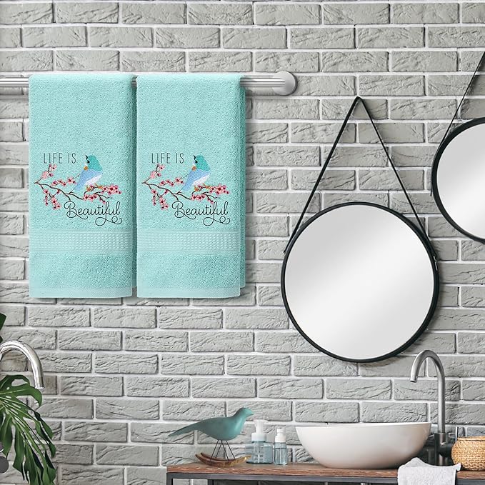 2 Pcs Bird Hand Towels Mint Green Bathroom Decor 14x29 Inch Embroidered 100% Cotton Soft Absorbent Spring Summer Decorative Hand Towels for Bathroom Kitchen