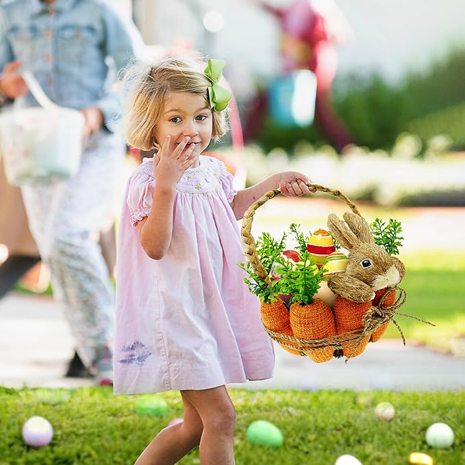 DearSun 11" H*8" Dia Easter Straw Bunny Basket with Carrot Ornaments Easter Egg Hunting Basket Rabbit Handicrafts Basket for Kids Spring Party Supplies Garden Decoration