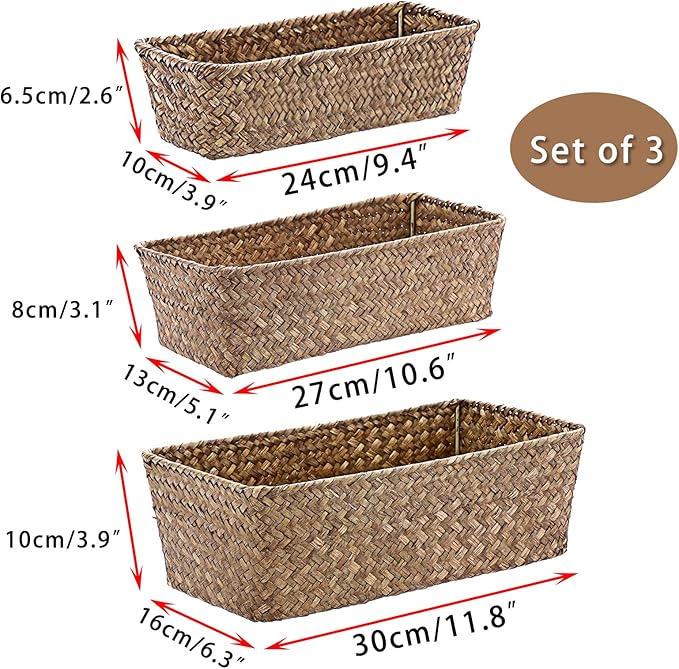 3 Natural Wicker Basket Set Rectangular Handwoven Seagrass Basket Storage Bins Home Organizer Bins - Household Basket Box for Shelf Wardrobe Desktop Home Decor (Coffee)