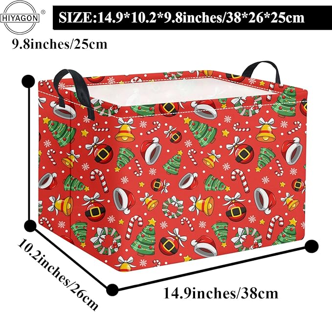 HIYAGON Rectangular Christmas Basket Fabric Storage Bin Storage Boxes Collapsible Storage Basket for Clothes Books Shelves Basket(Red Christmas)