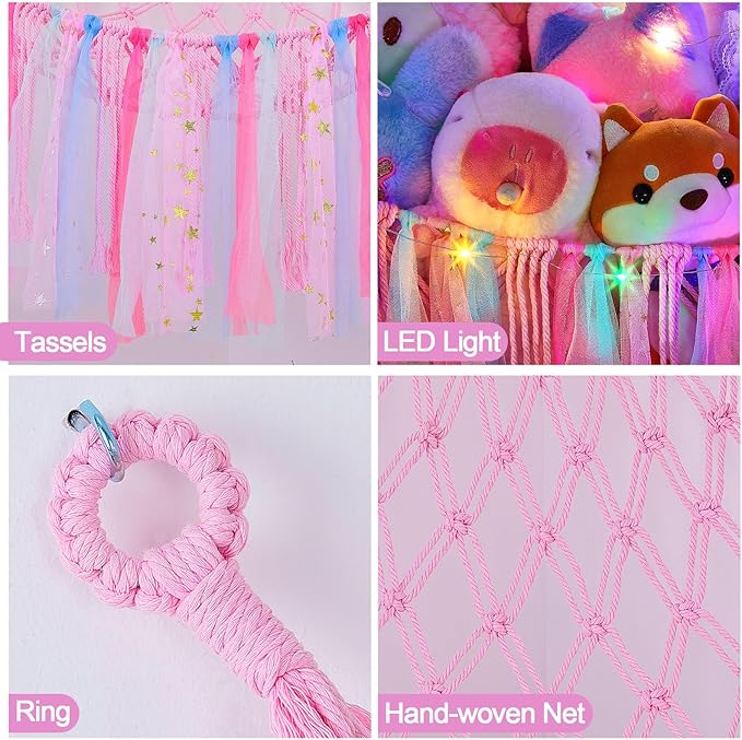 FIOBEE Stuffed Animals Net or Hammock with LED Light, Toy Hammock Hanging Stuffed Animals Storage Organizer Holder Room Décor for Nursery Kids Bedroom