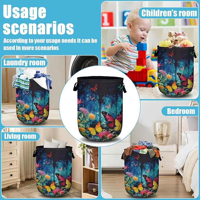 Spring Flower Butterfly Laundry Basket, Laundry Hamper Collapsible Oxford Cloth with Handle Clothes Toy Storage Bin for Bathroom Laundry Room Bedroom 15.7 X 20 Inch