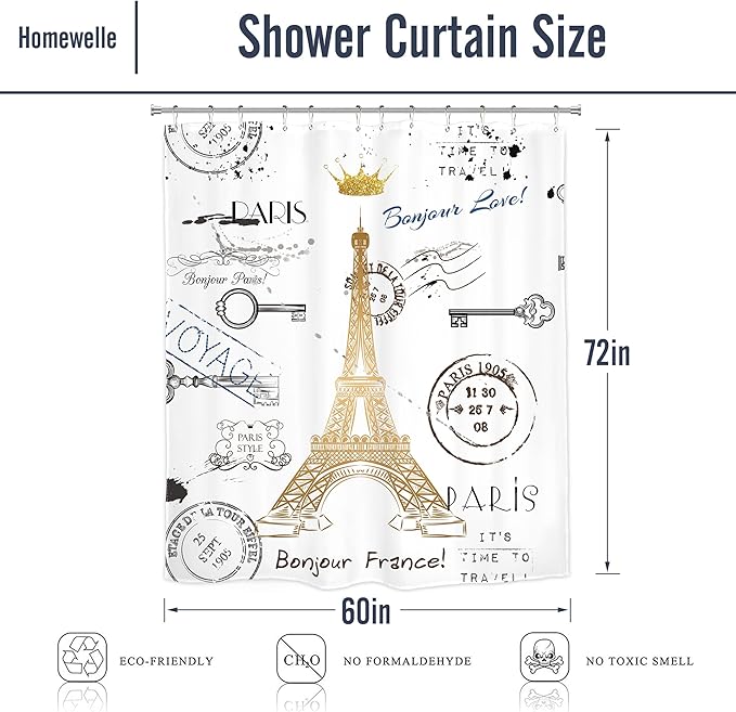 Homewelle Pairs Eiffel Tower Theme Shower Curtain for Bathroom Neutral French 60Wx72H Golden Lettering European France Crown Post Card Retro Stamp Modern Waterproof Polyester Fabric Bathroom Bathtub