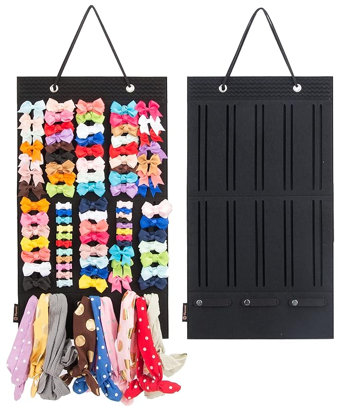 PACMAXI Baby Girl Hair Bows Holder, Hair Clips Storage Hanger For Ribbons, Hair Bows Organizer, Baby Hair Clip Storage Display Sturdy Stand, Wall Hanging for Girl Room (Black, Small)