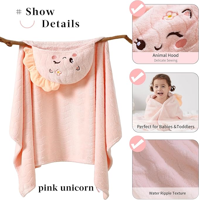 Hooded Towel for Kids, 2 Pack Coral Fleece Kids Bath Towels, Soft and Absorbent Toddler Towels with Hood Age 0-12 Years for Toddler, Infant, Kids - Large 27.5 X 55 inch (Pink Unicorn & Green Dinosaur)