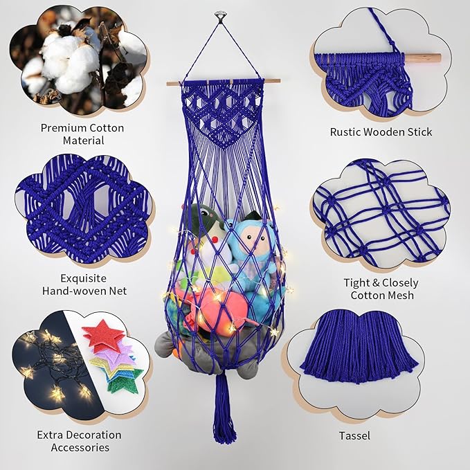 Stuffed Animal Hammock w/LED Star Light, 63 Inch Jumbo Toy Hammock Wall Hanging Plushie Net Holder for Boho Nursery Teddy Decor, Navy Blue Stuffed Animal Storage Organizer for Kid Girls Boys Gift