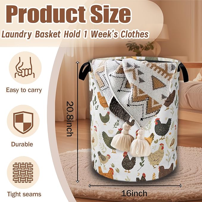 Cute Roosters Laundry Basket,Chicken Hens Plants Collapsible Laundry Hamper Waterproof Oxford Cloth With Handles,Clothes Storage Bucket Toy Organizer For Bathroom/Nursery/Bedroom 16" x 20.8"