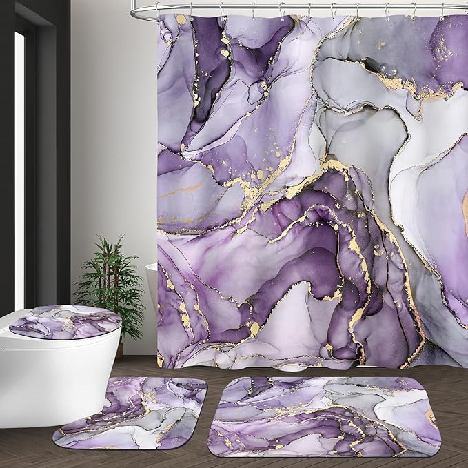 4Pcs Luxury Purple Marble Pattern Shower Curtain Set with 12 Hooks Non-Slip Rugs,Toilet Lid Cover and Bath Mat, Stylish Bathroom Decor for Hotel & Home Bathroom