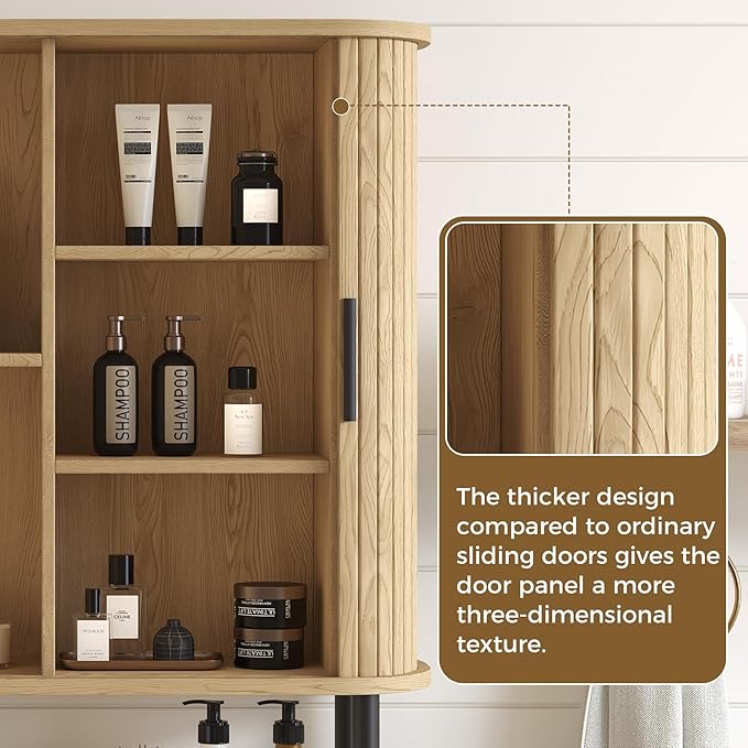 Over The Toilet Storage Cabinet with 2 Sliding Doors, Adjustable Shelf Bathroom Organizers and Storage with Anti-Tip Device, Waterproof, Space Saver for Bathroom, Restroom, Laundry, Natural