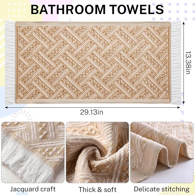 4-Pack Cotton Bathroom Hand Towels – Boho Cotton Hand Towel Set with Jacquard Weave & Fringe, 13"x29.1" Absorbent Soft Face Set for Kitchen, Bathroom, Guest Tea Gift (Brown, White)