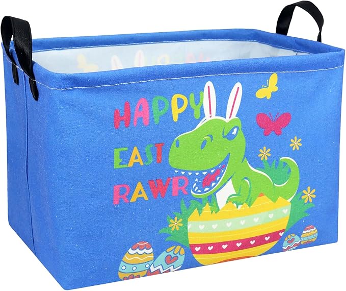Personalized Dinosaur Easter Basket Bluey Fabric Large Empty Easter Basket for Boy and Girl (Dinosaur Blue Background)